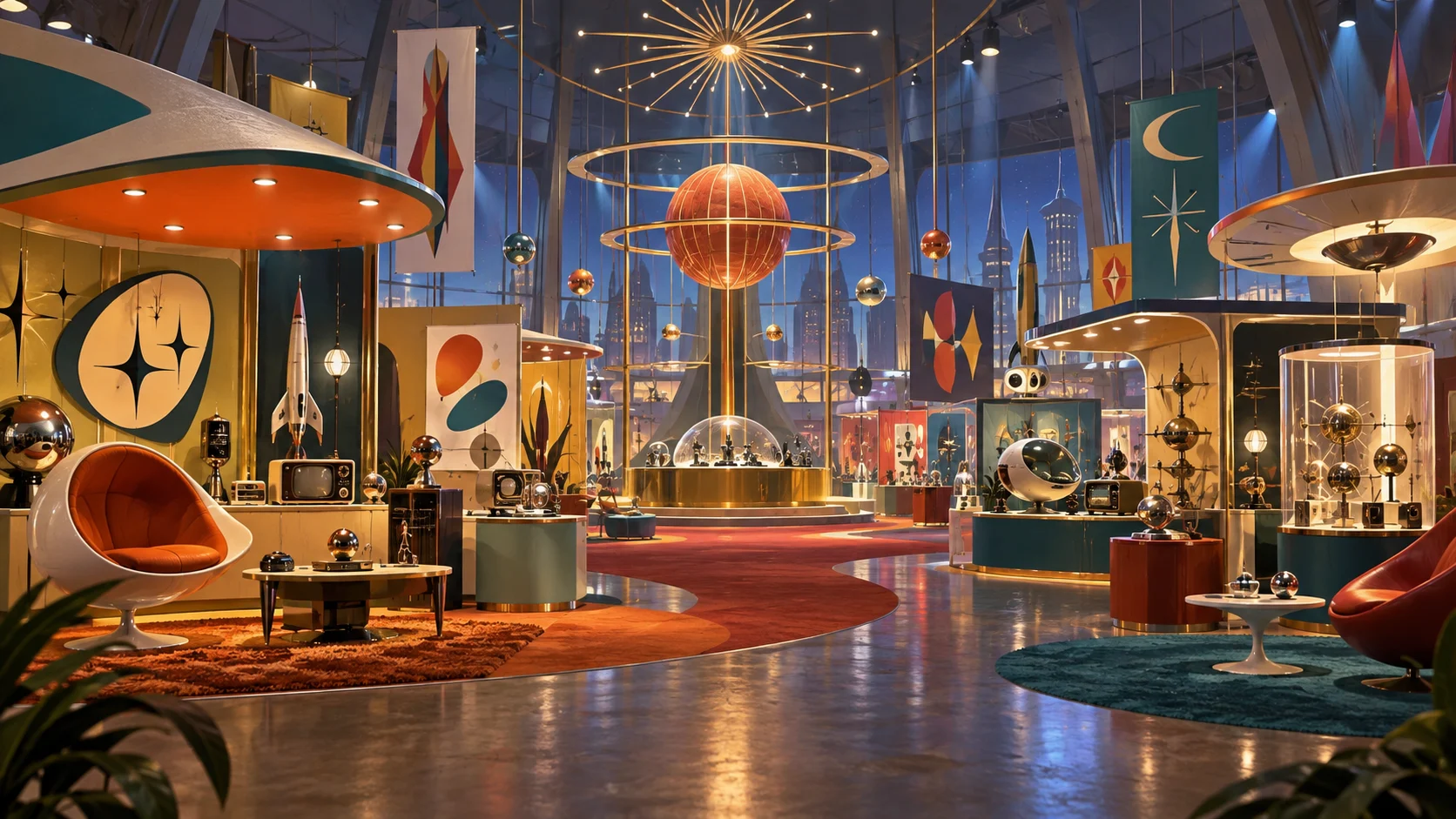 A colorful 1960s-inspired convention hall for fantastical villains