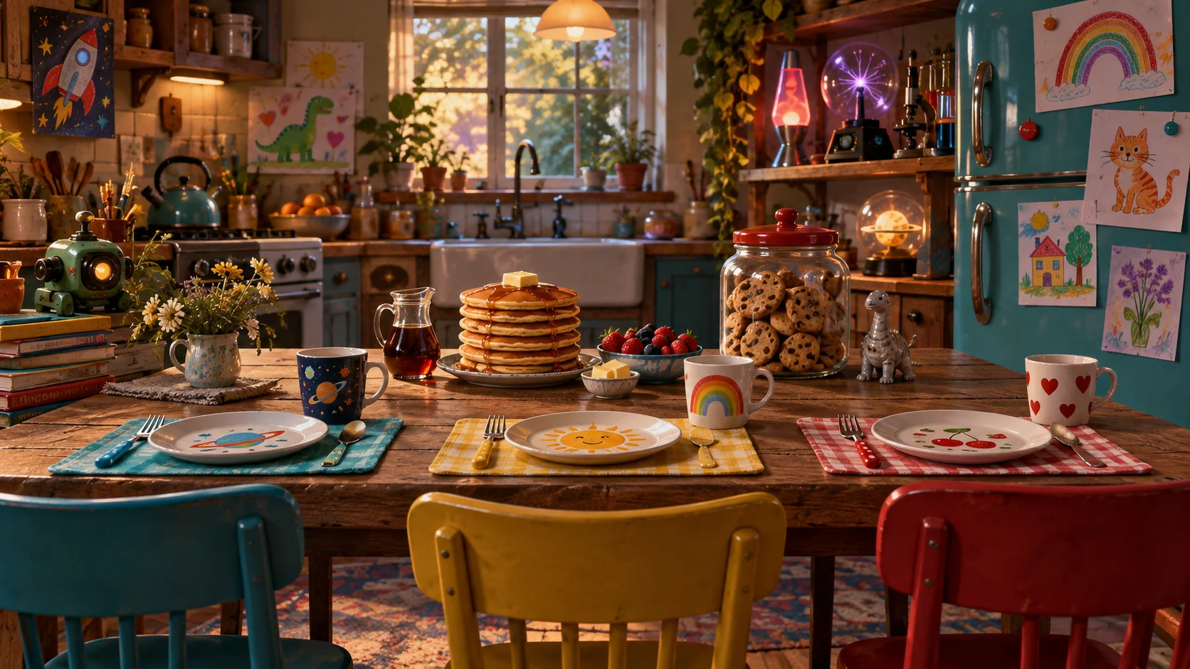 A quirky family kitchen with three place settings and science gadgets