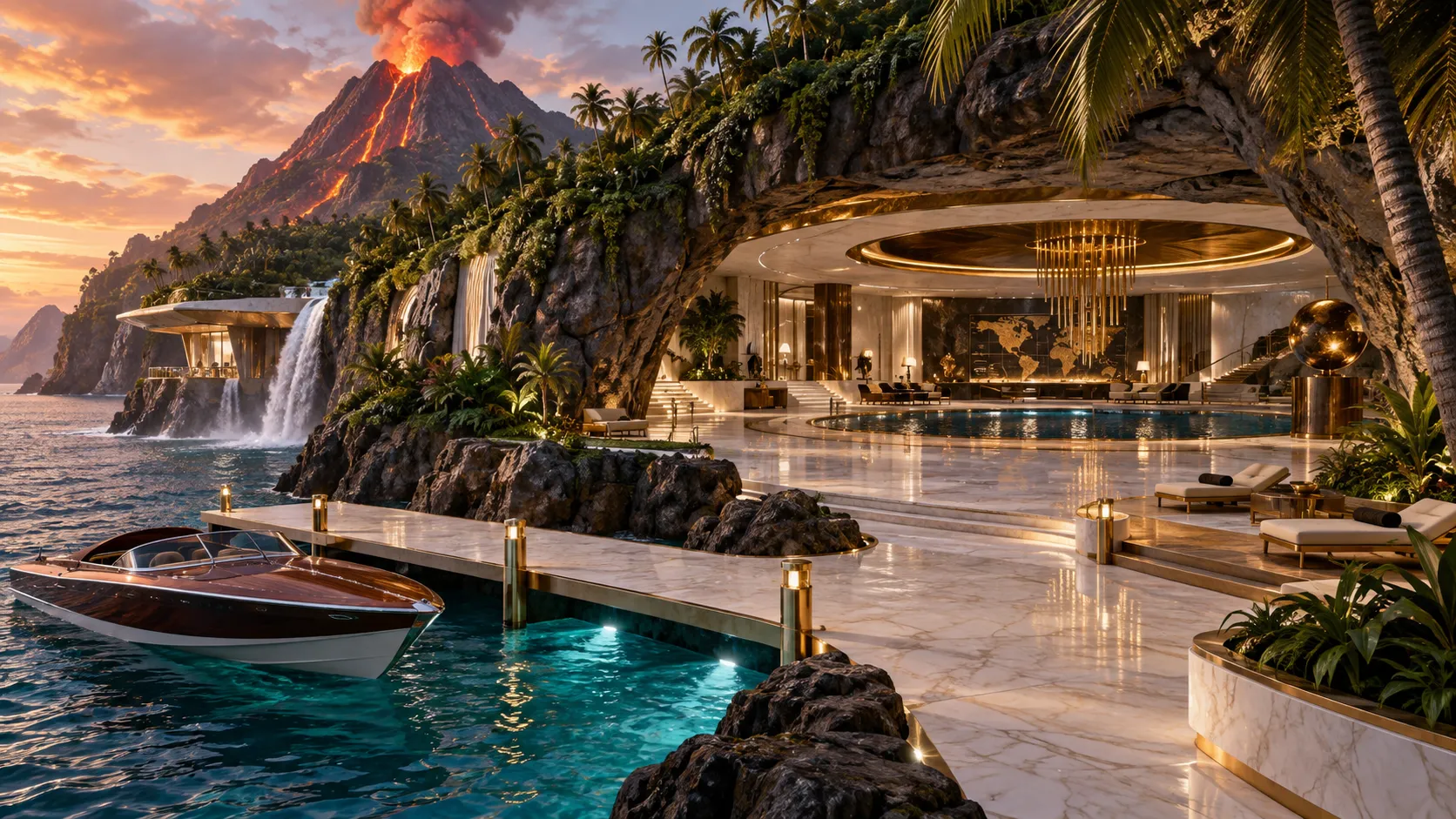 A lavish tropical villain lair beneath a volcano