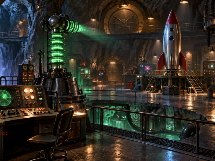 A whimsical underground supervillain laboratory filled with gadgets