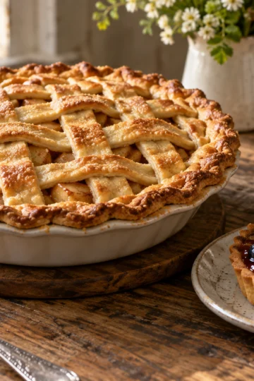 Golden apple pie and colorful fruit tart on a bakery table