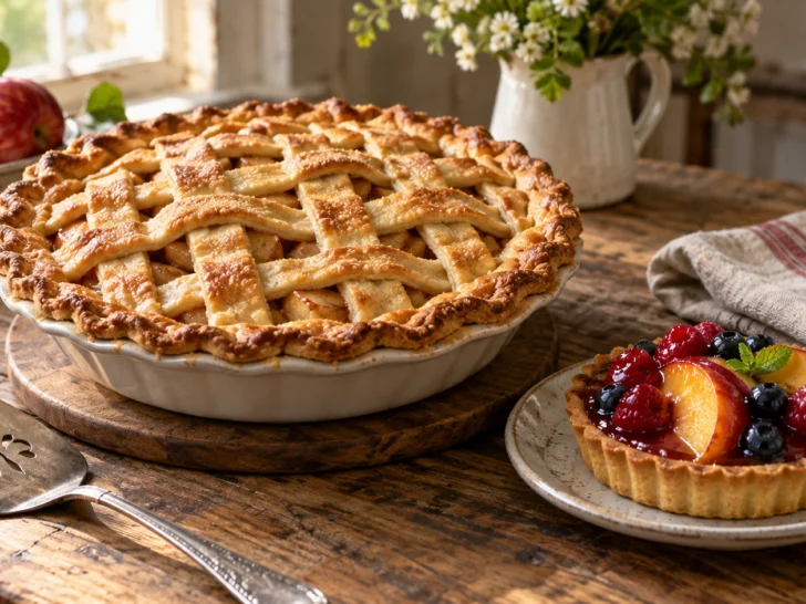 Golden apple pie and colorful fruit tart on a bakery table