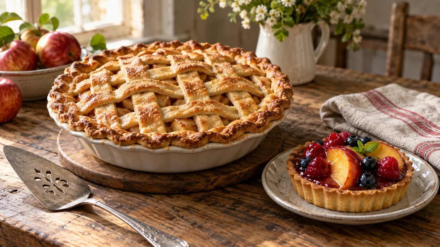 Golden apple pie and colorful fruit tart on a bakery table