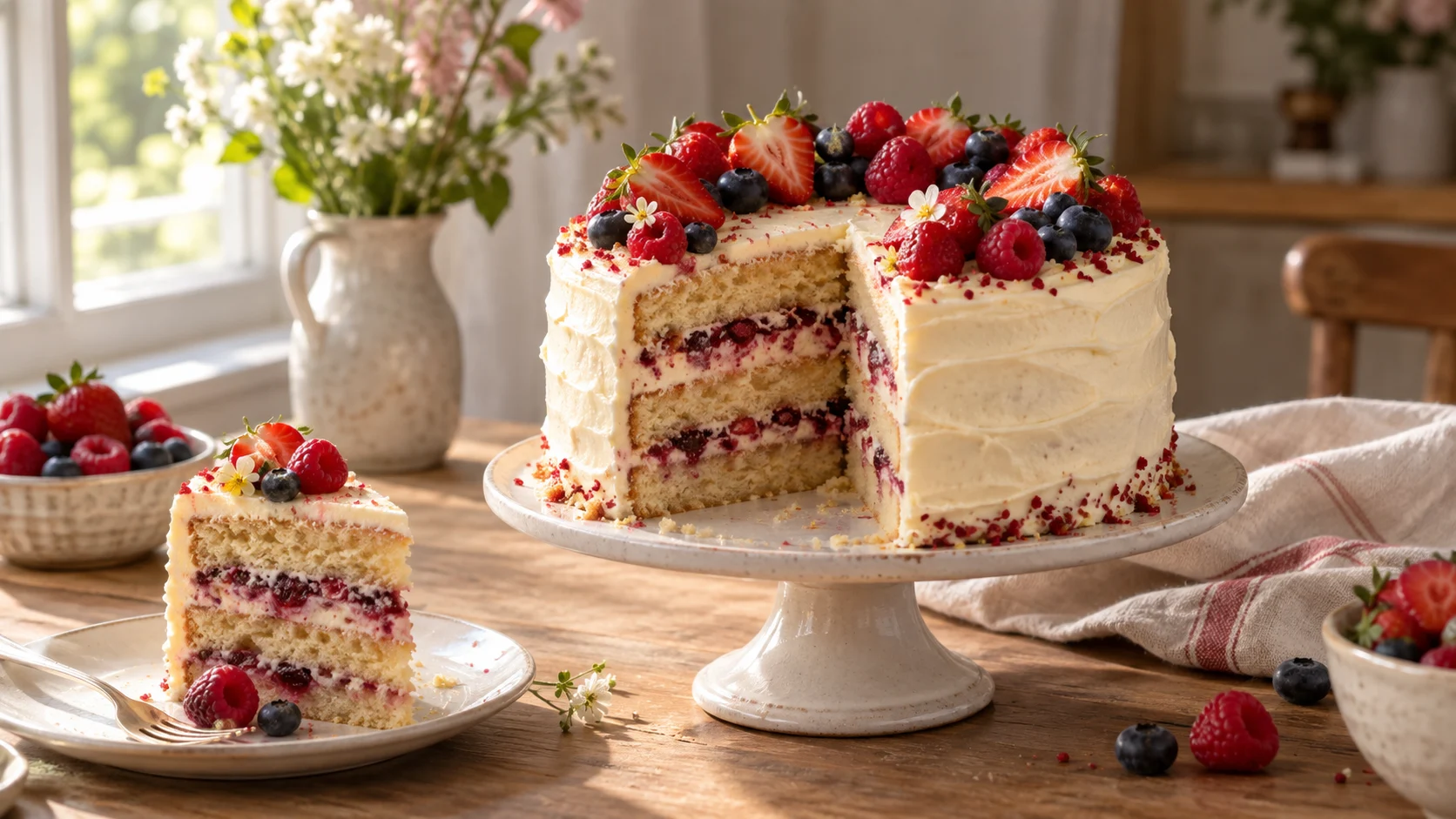 Elegant berry layer cake topped with fresh fruit and cream