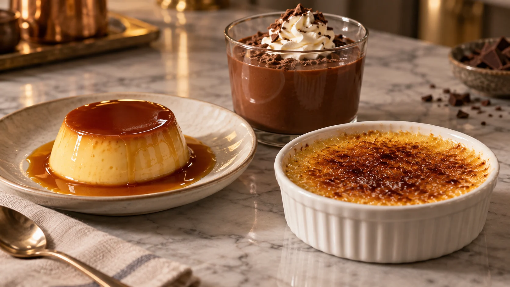 Assortment of creamy custards and puddings in glass dishes
