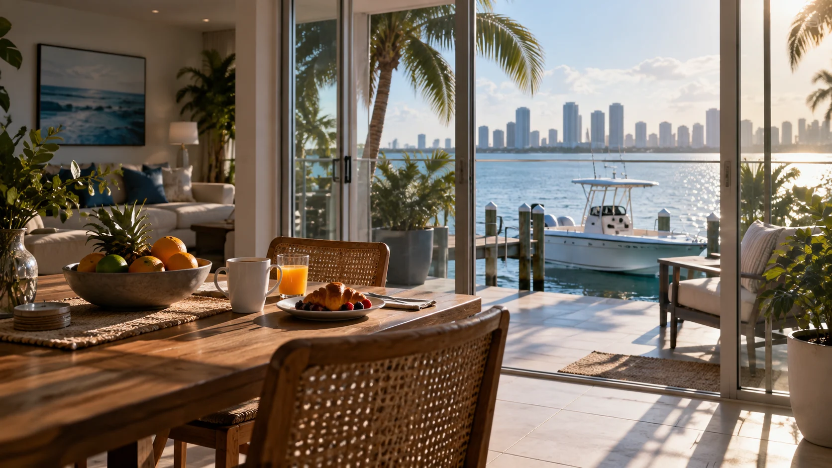 Sunlit Miami marina apartment with breakfast table and fishing boat
