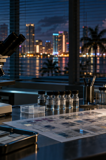 Forensic laboratory with microscope slides and the Miami skyline at night