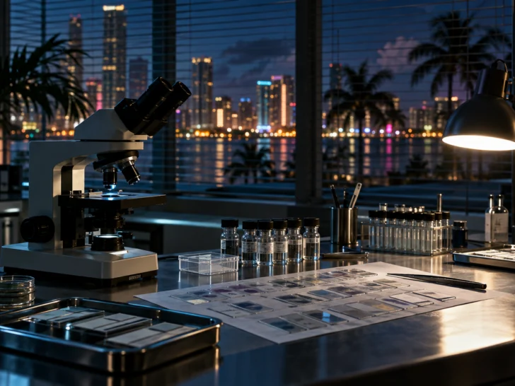 Forensic laboratory with microscope slides and the Miami skyline at night