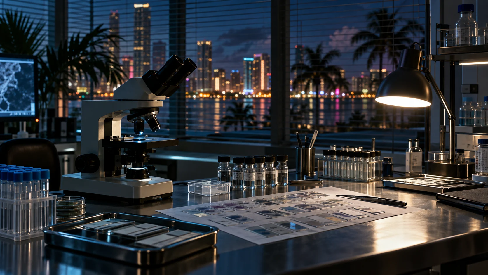 Forensic laboratory with microscope slides and the Miami skyline at night