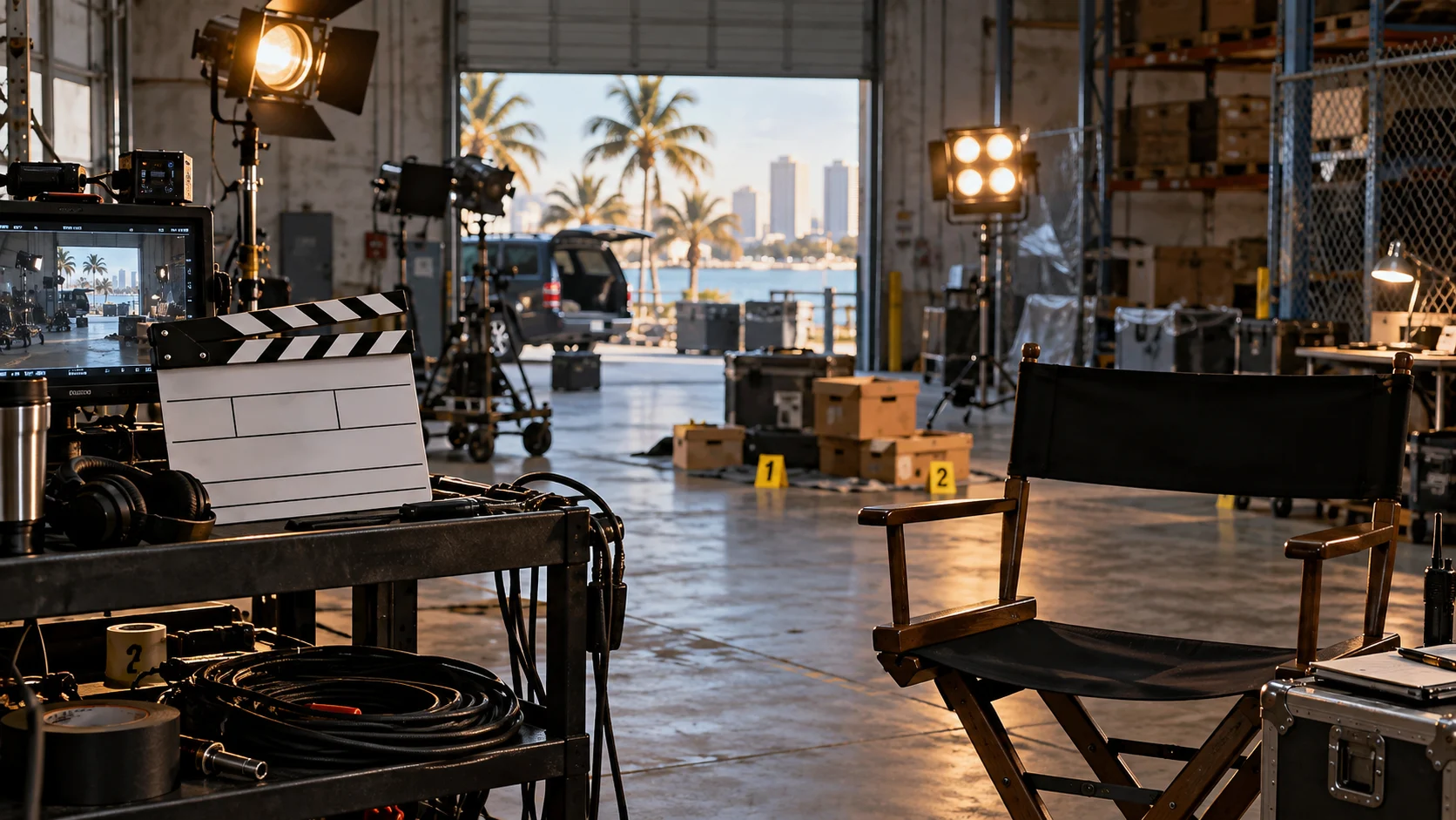 Florida crime drama production set with lights, clapperboard, and director chair