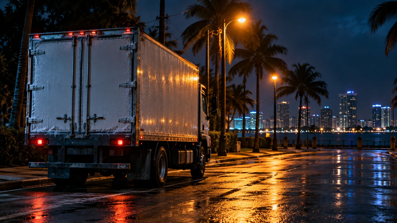 Refrigerated truck on a wet palm-lined Miami street at night