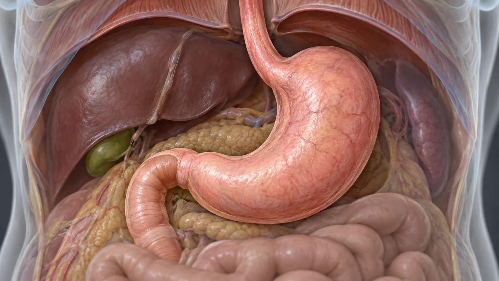Anatomical view of the esophagus entering the stomach