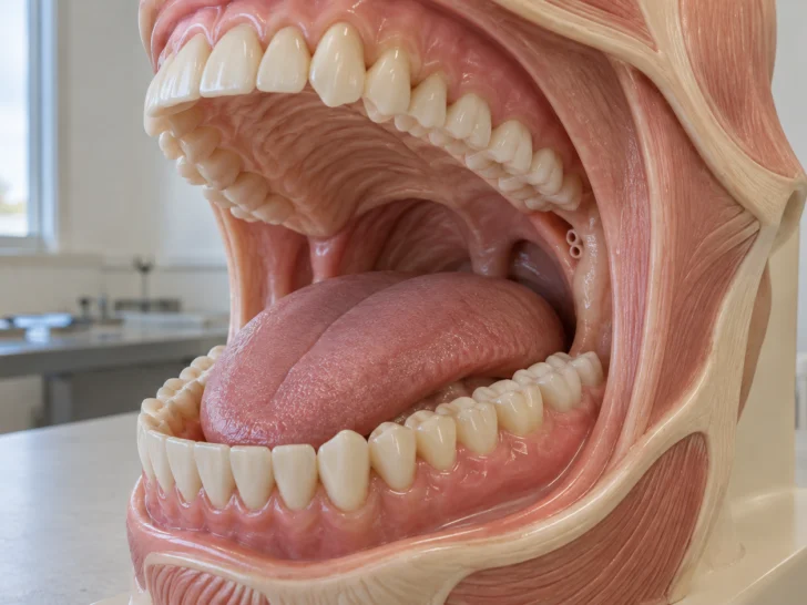 Anatomy model showing the teeth tongue and interior of the mouth