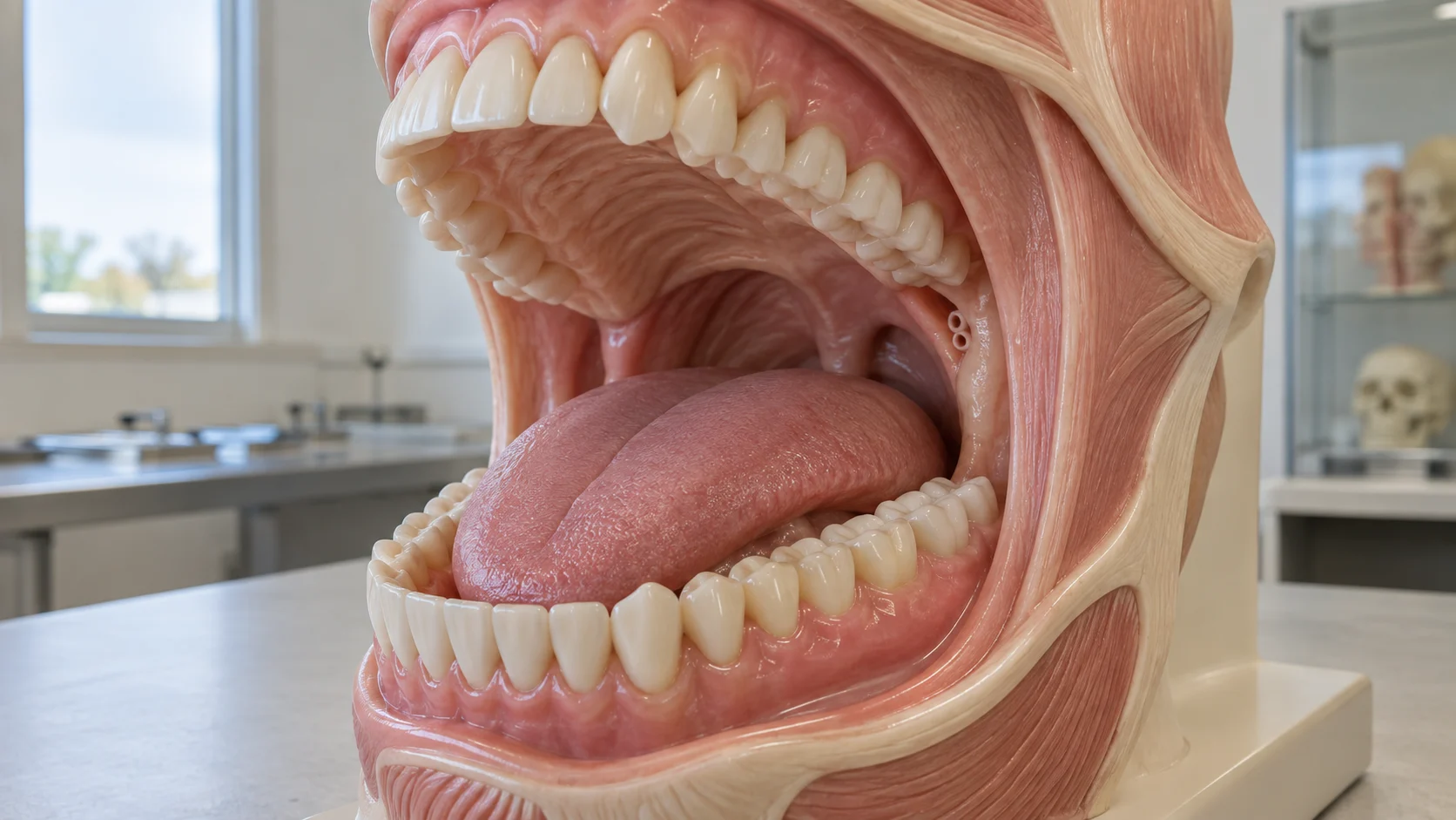 Anatomy model showing the teeth tongue and interior of the mouth