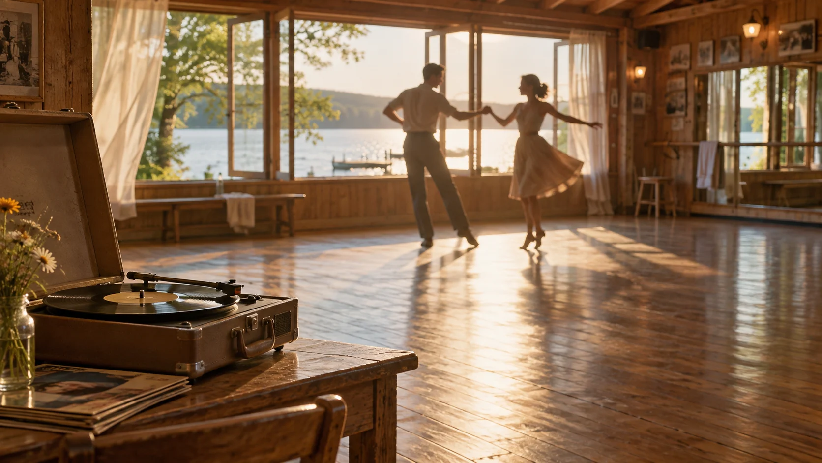Rustic resort dance studio with two anonymous dancer silhouettes