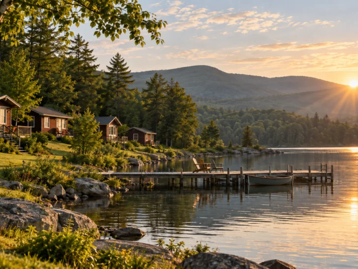 1960s Catskills-style mountain resort beside a summer lake