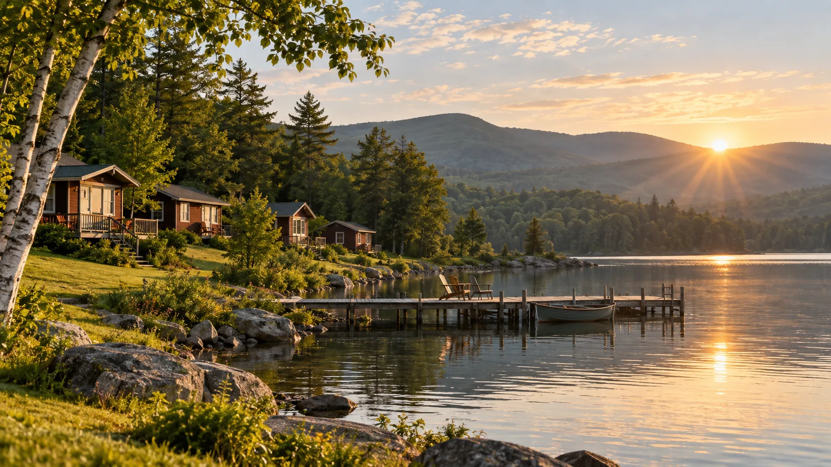 1960s Catskills-style mountain resort beside a summer lake
