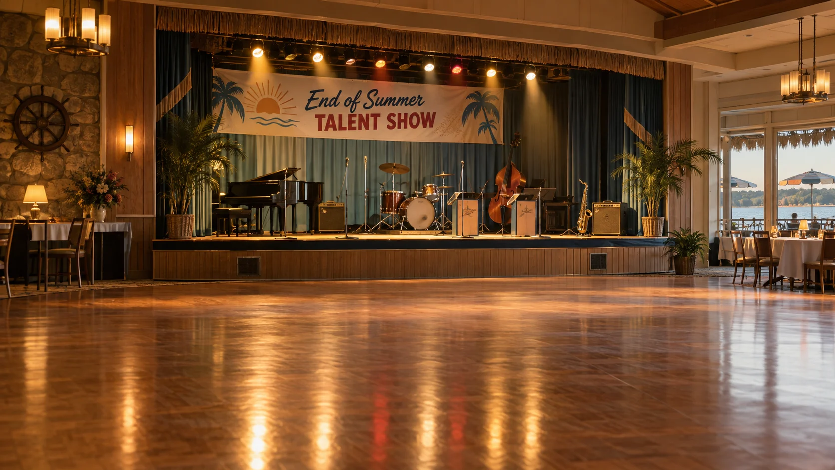 Vintage resort ballroom stage prepared for a talent show