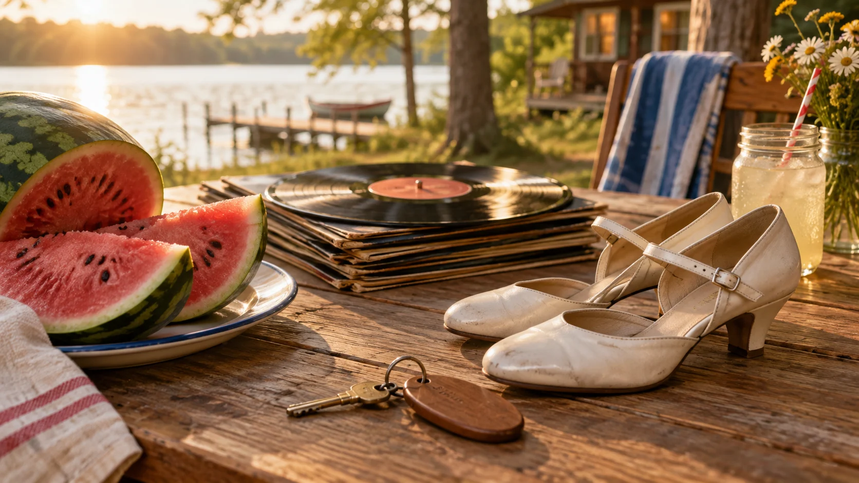 Watermelon vinyl records dancing shoes and cabin key on a table