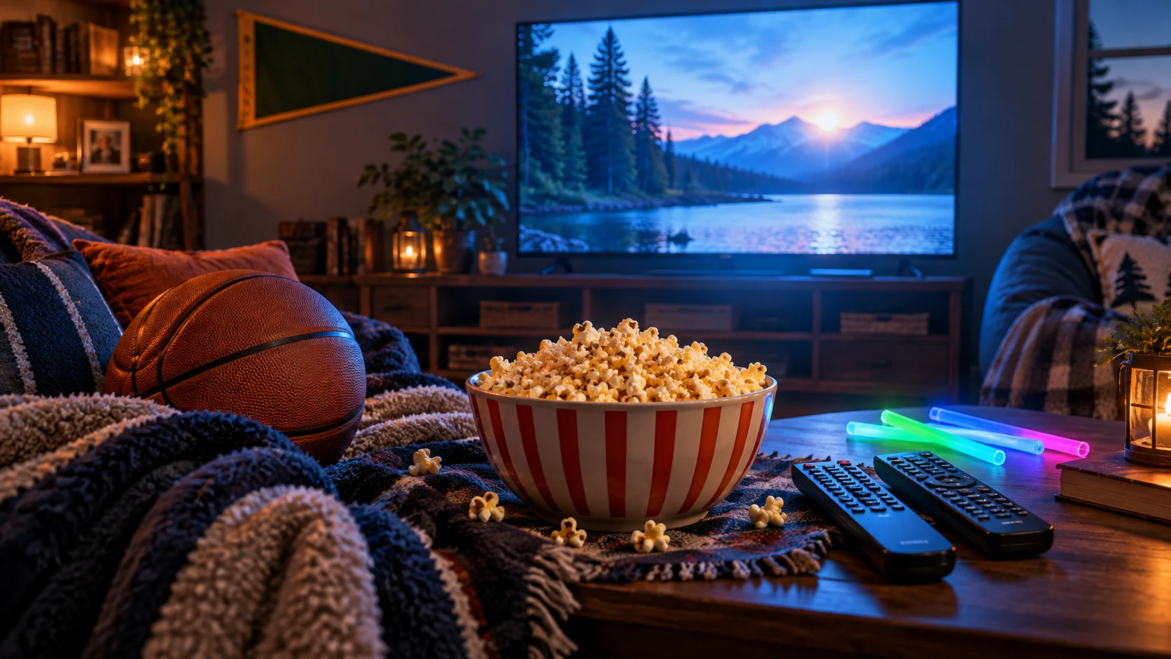 A nostalgic movie-night spread with popcorn and colorful props