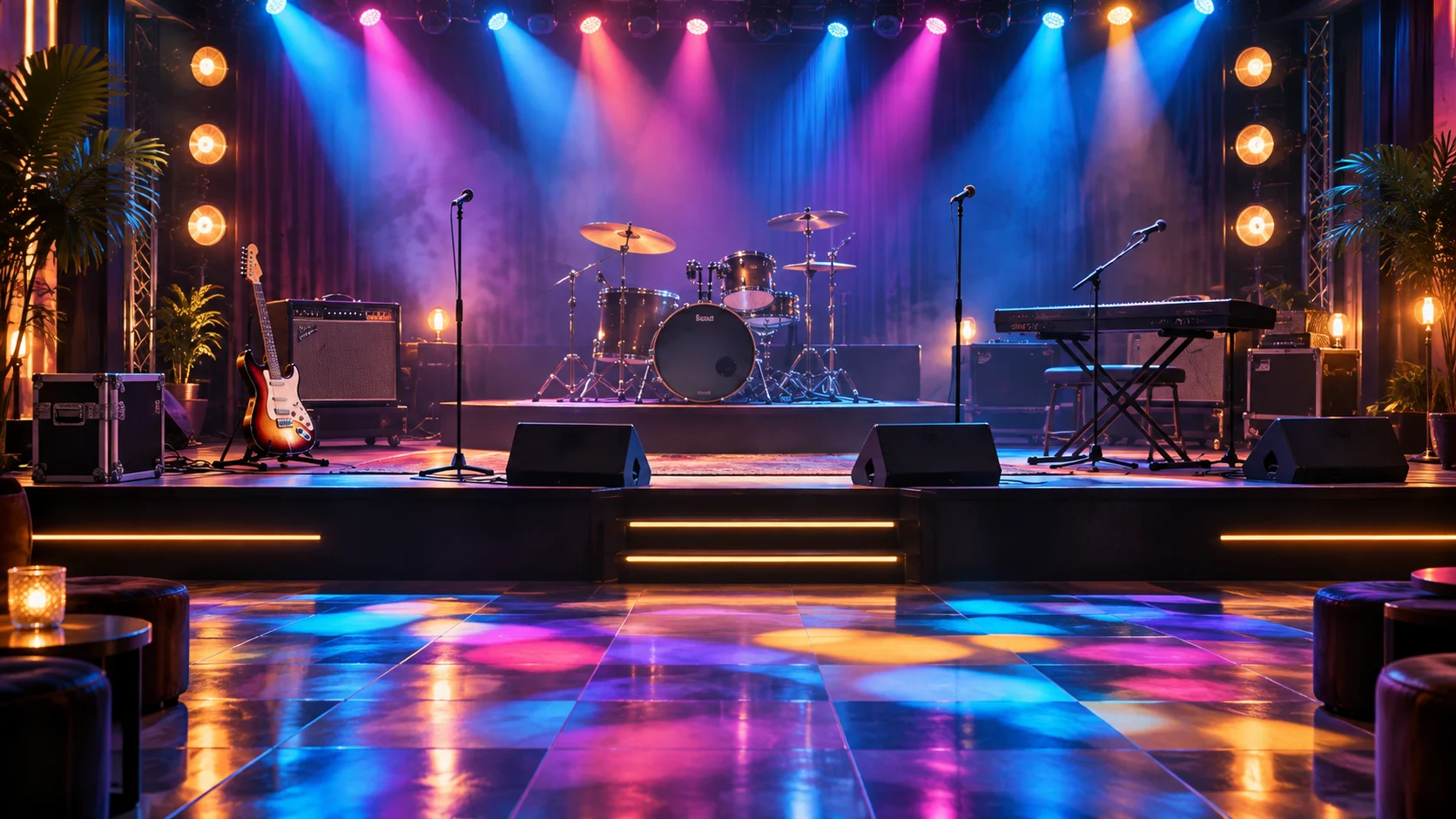 A glossy youth music stage with instruments and dance lighting