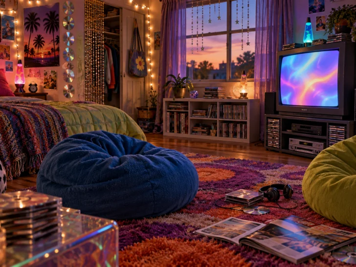 A colorful early-2000s bedroom arranged for television night