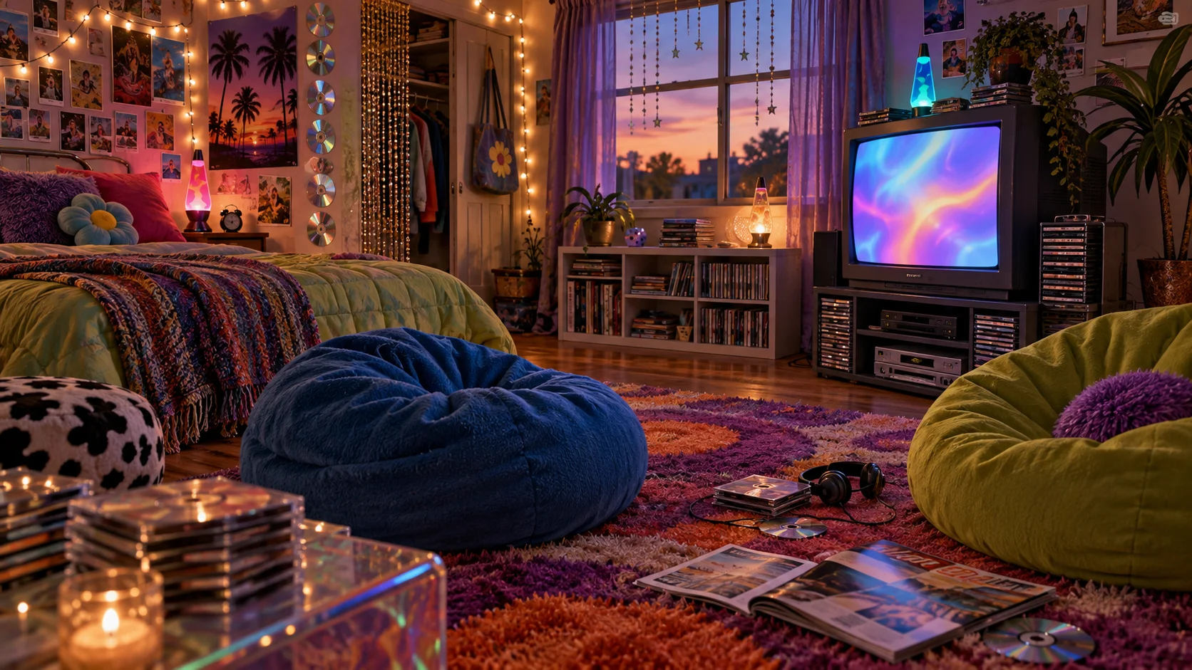 A colorful early-2000s bedroom arranged for television night