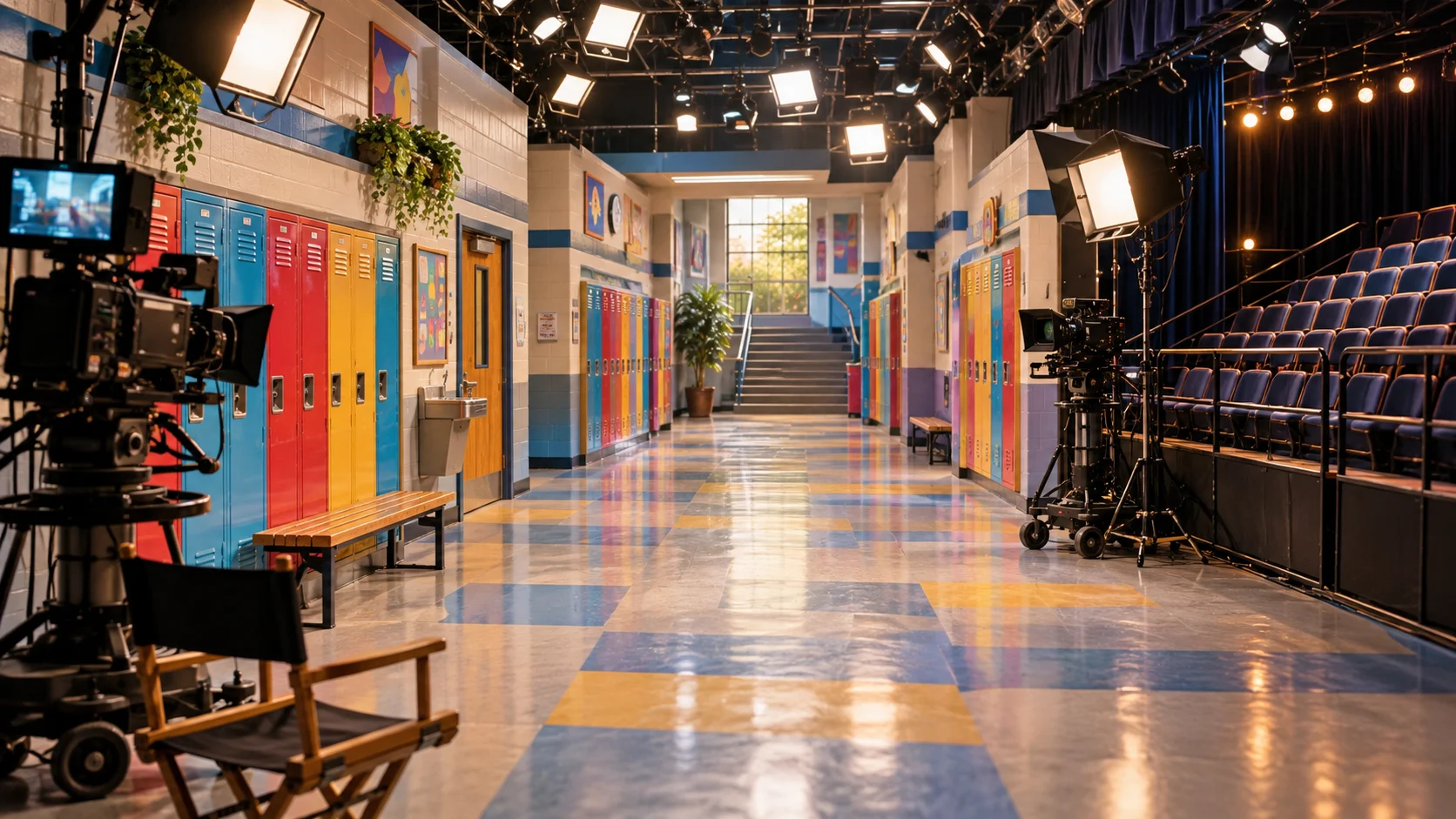 A bright sitcom school hallway on a television soundstage
