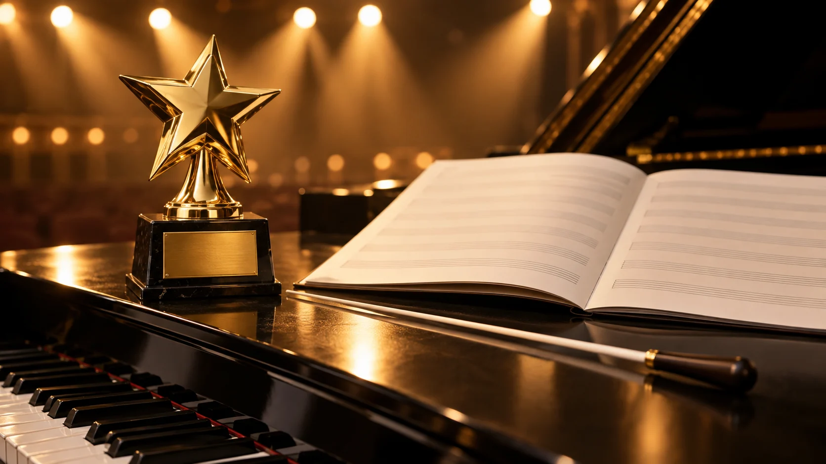 Generic gold star trophy beside piano keys baton and blank sheet music