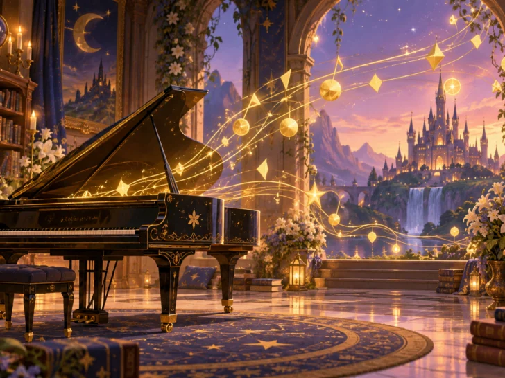 Enchanted grand piano with glowing golden shapes and a fantasy castle beyond