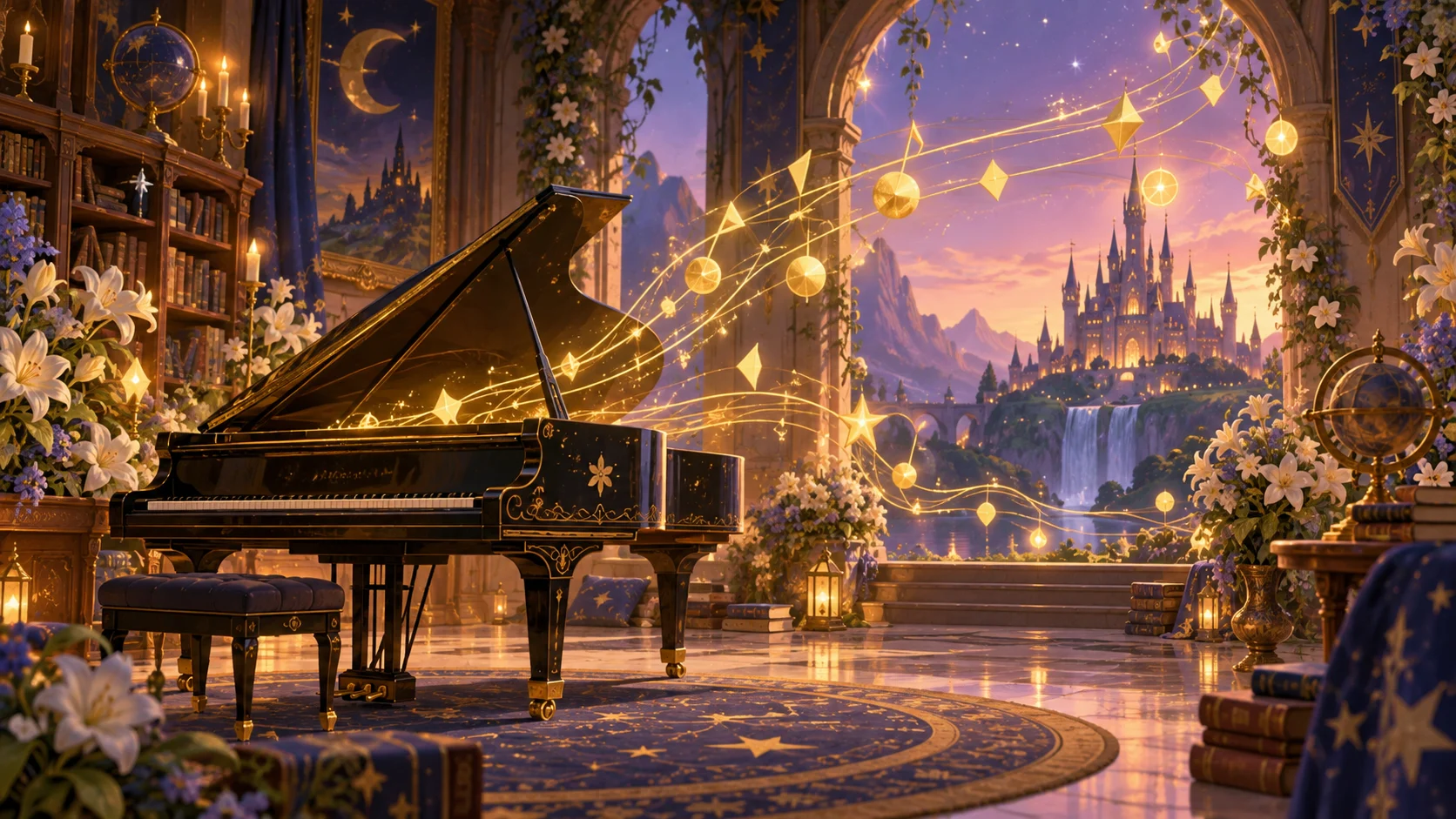 Enchanted grand piano with glowing golden shapes and a fantasy castle beyond