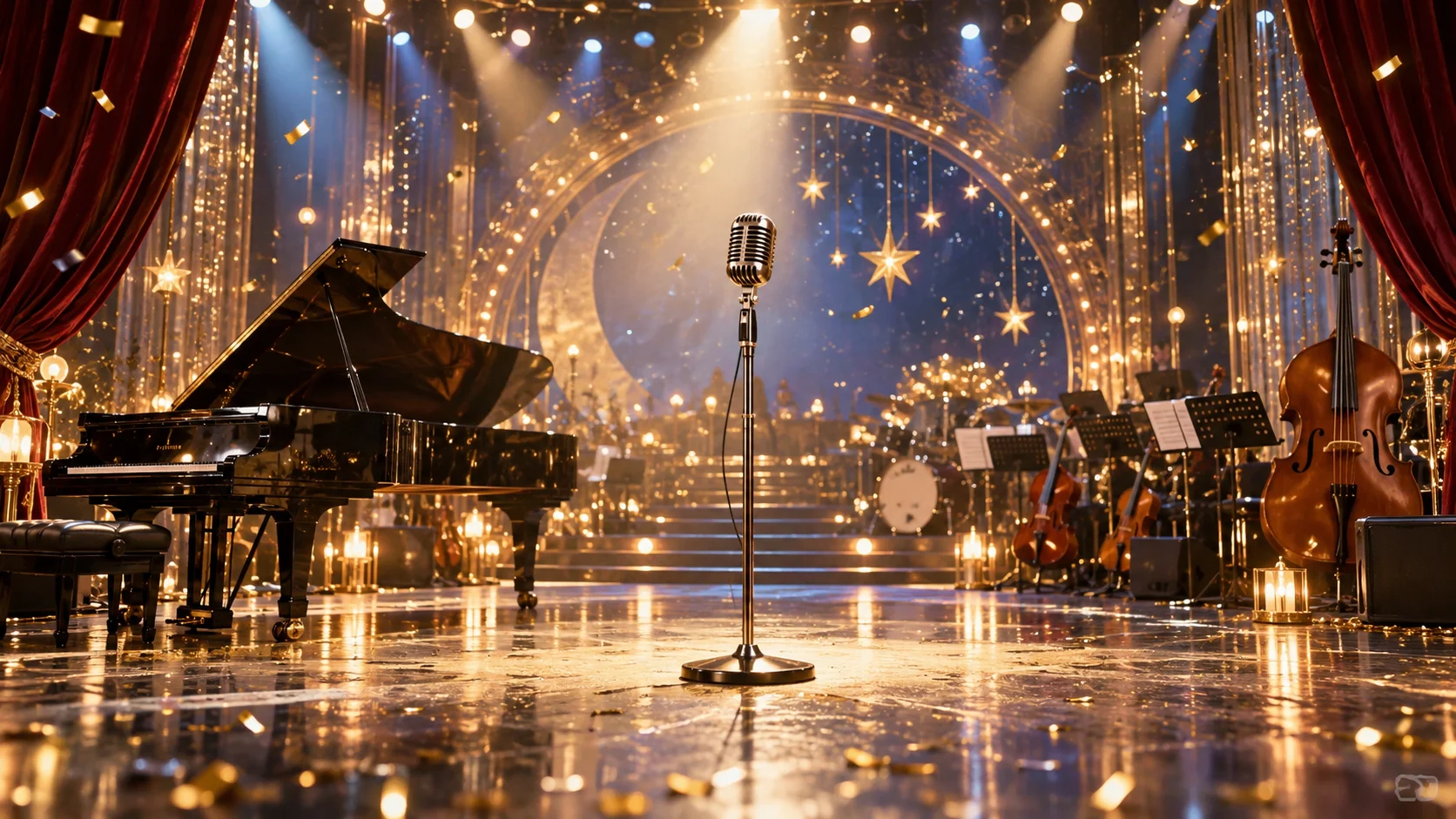 Vintage microphone grand piano and orchestra instruments on a sparkling stage