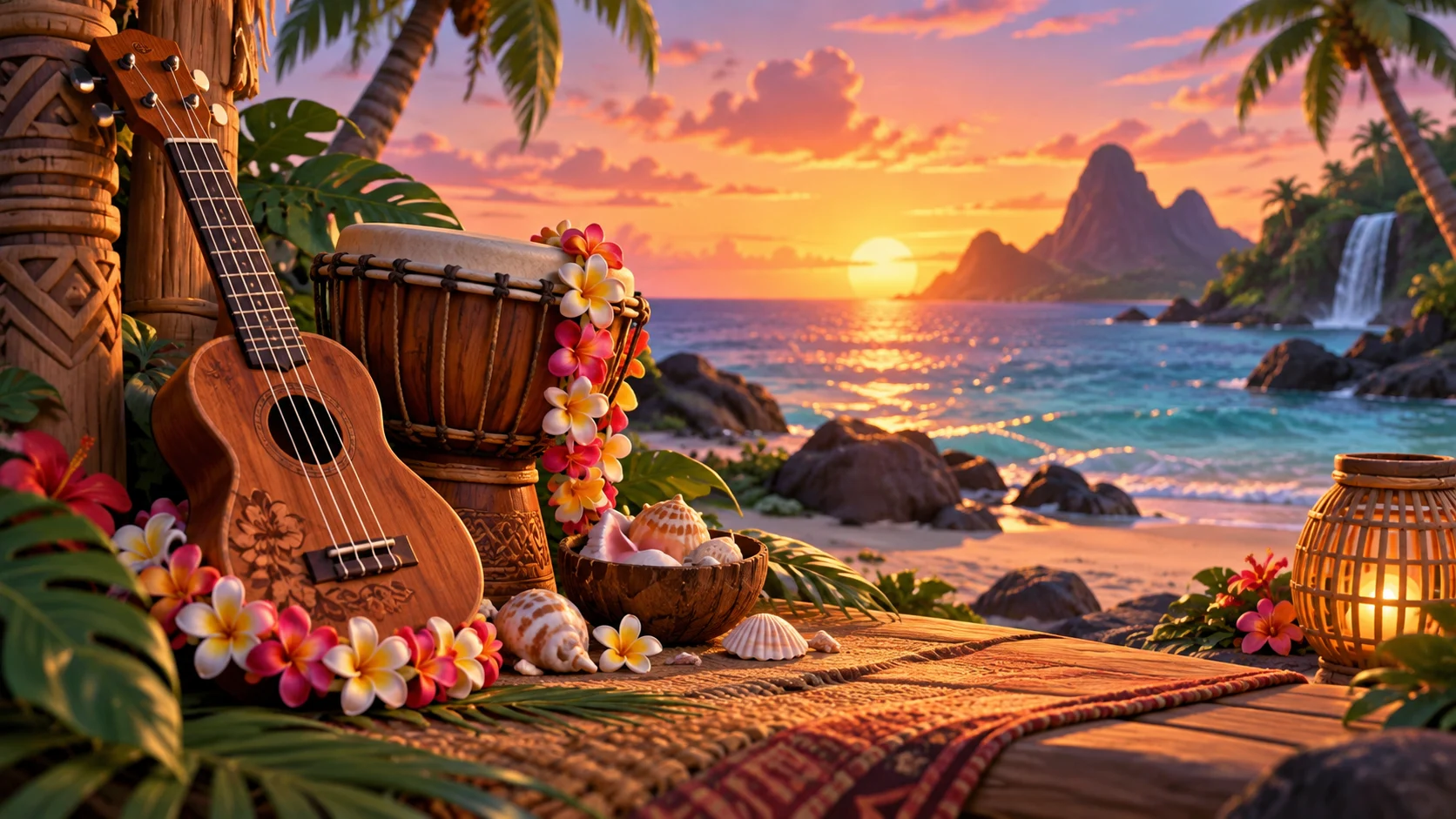 Ukulele hand drum seashells and flower garlands beside a tropical sunset