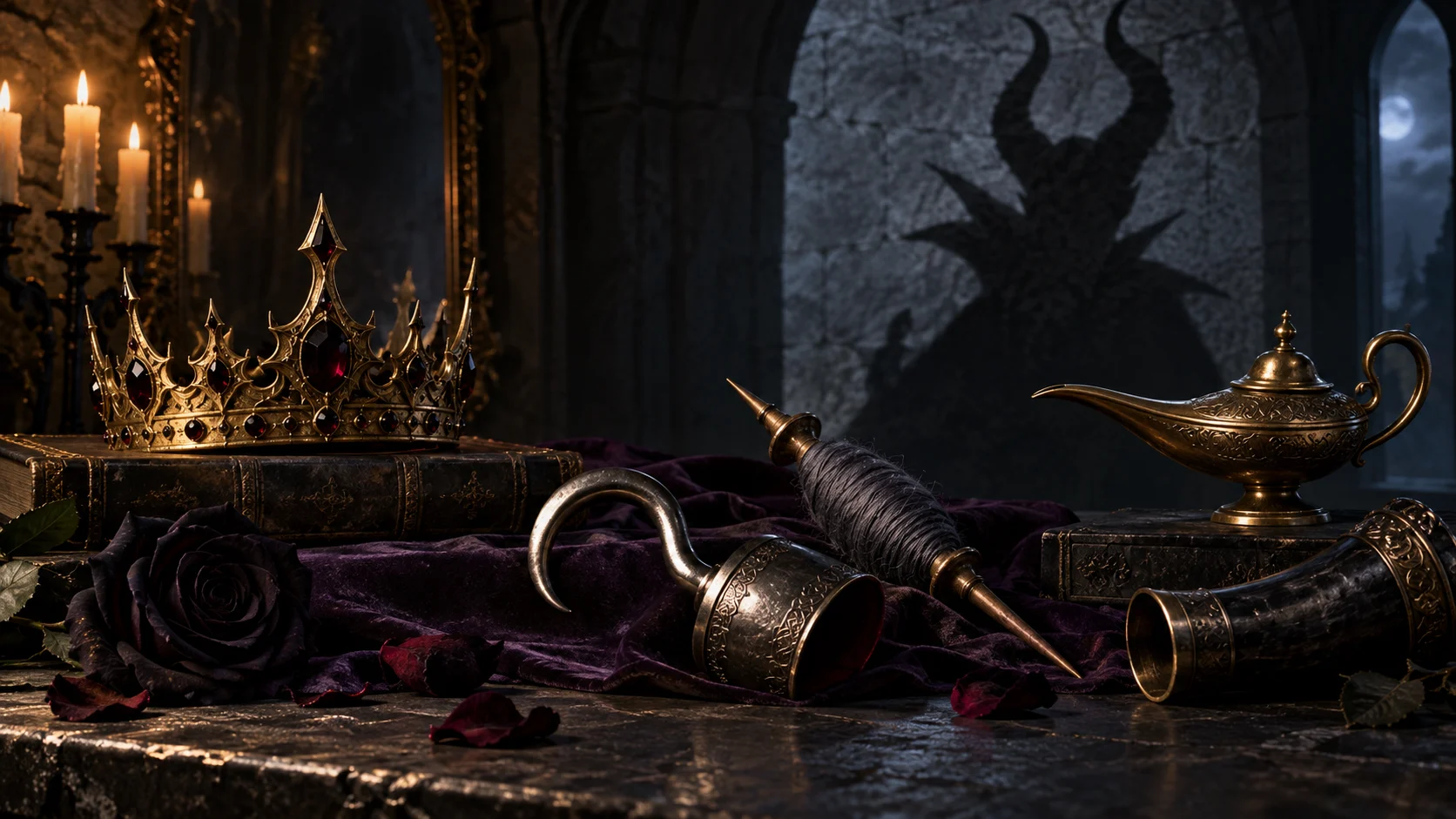 Crown hook spindle black rose brass lamp and horned shadow on stone