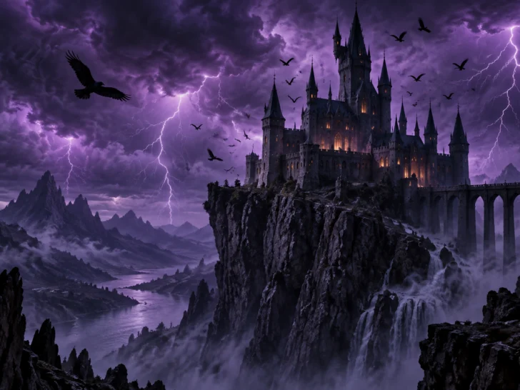 Ominous fairy-tale castle on a cliff during a purple lightning storm