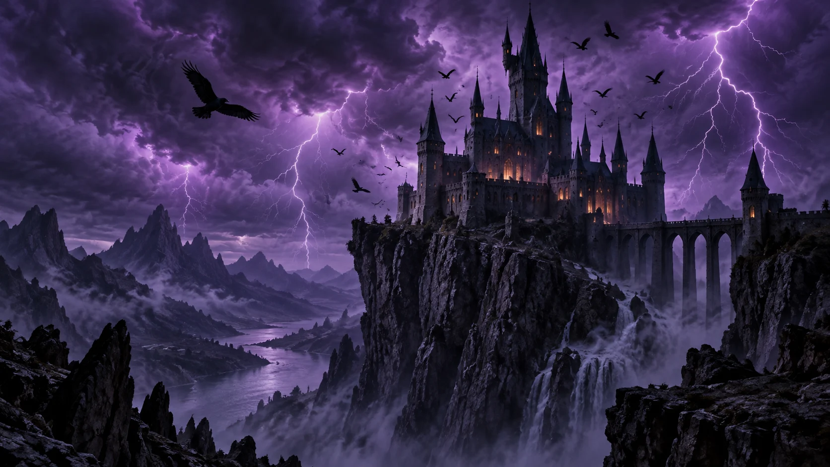 Ominous fairy-tale castle on a cliff during a purple lightning storm