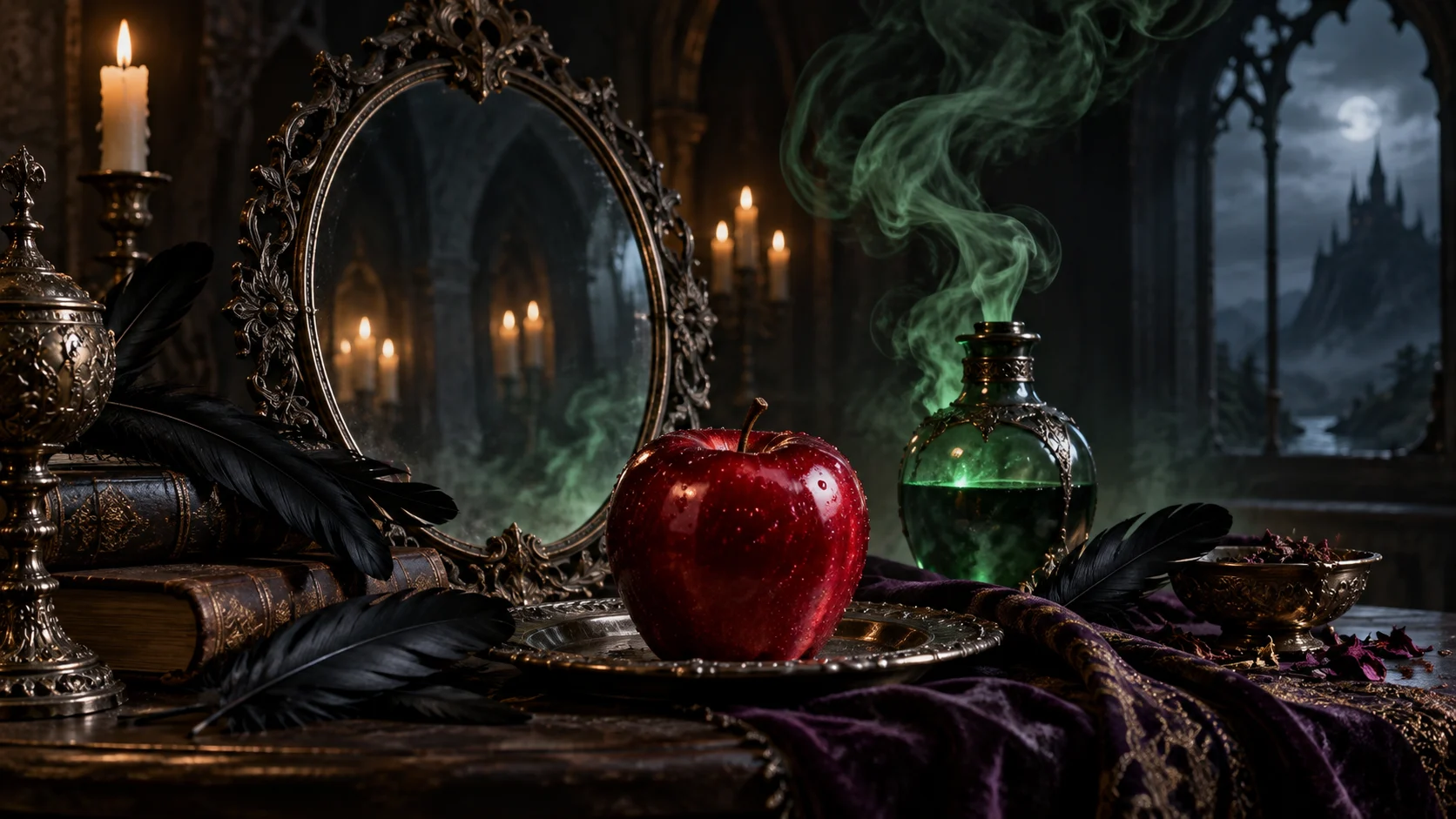 Red apple ornate mirror black feathers and curling green potion smoke