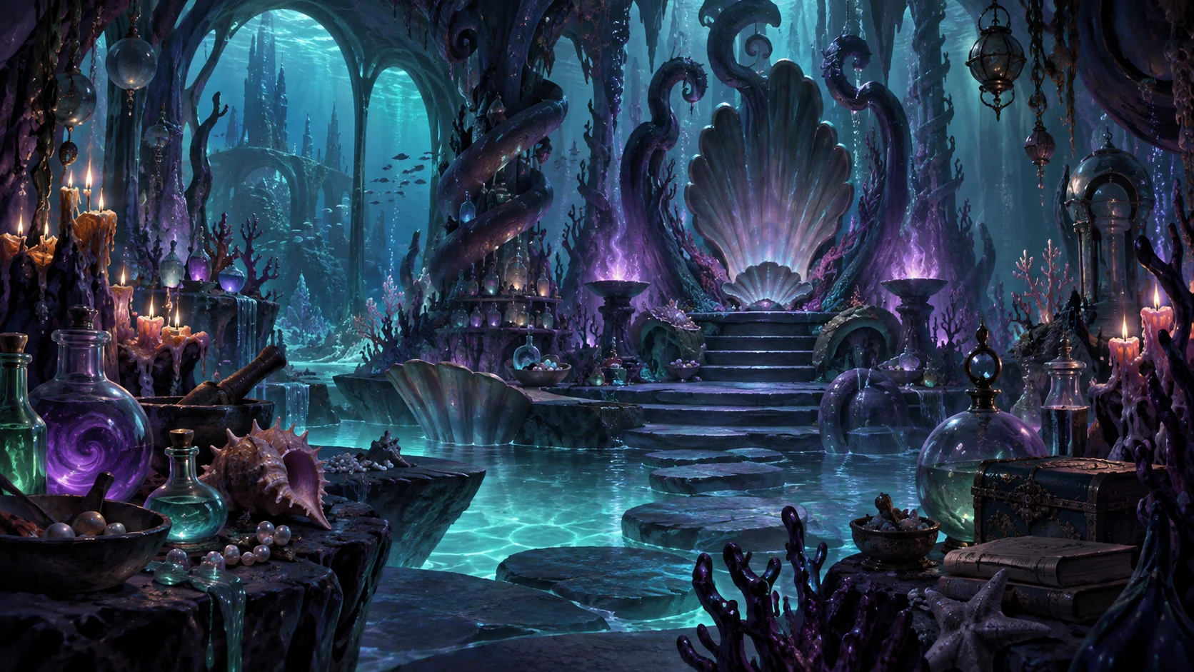 Underwater sorceress lair filled with shells potions and twisting coral