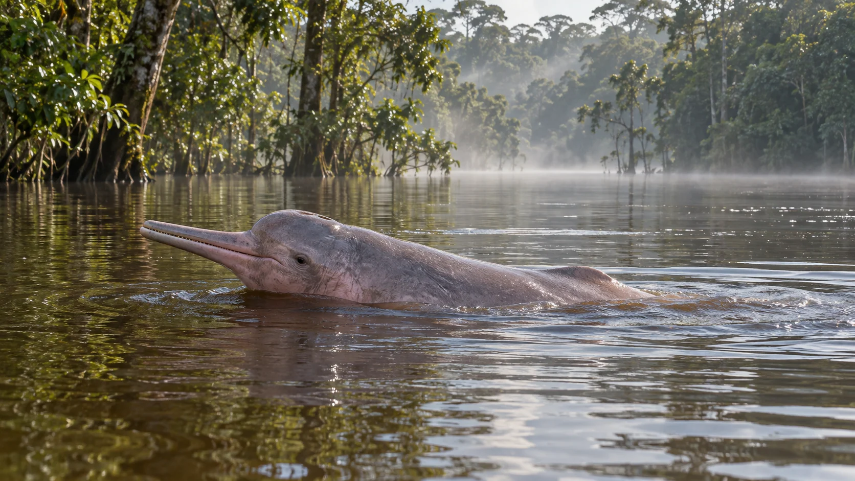Amazon river dolphin surfacing in a misty rainforest river