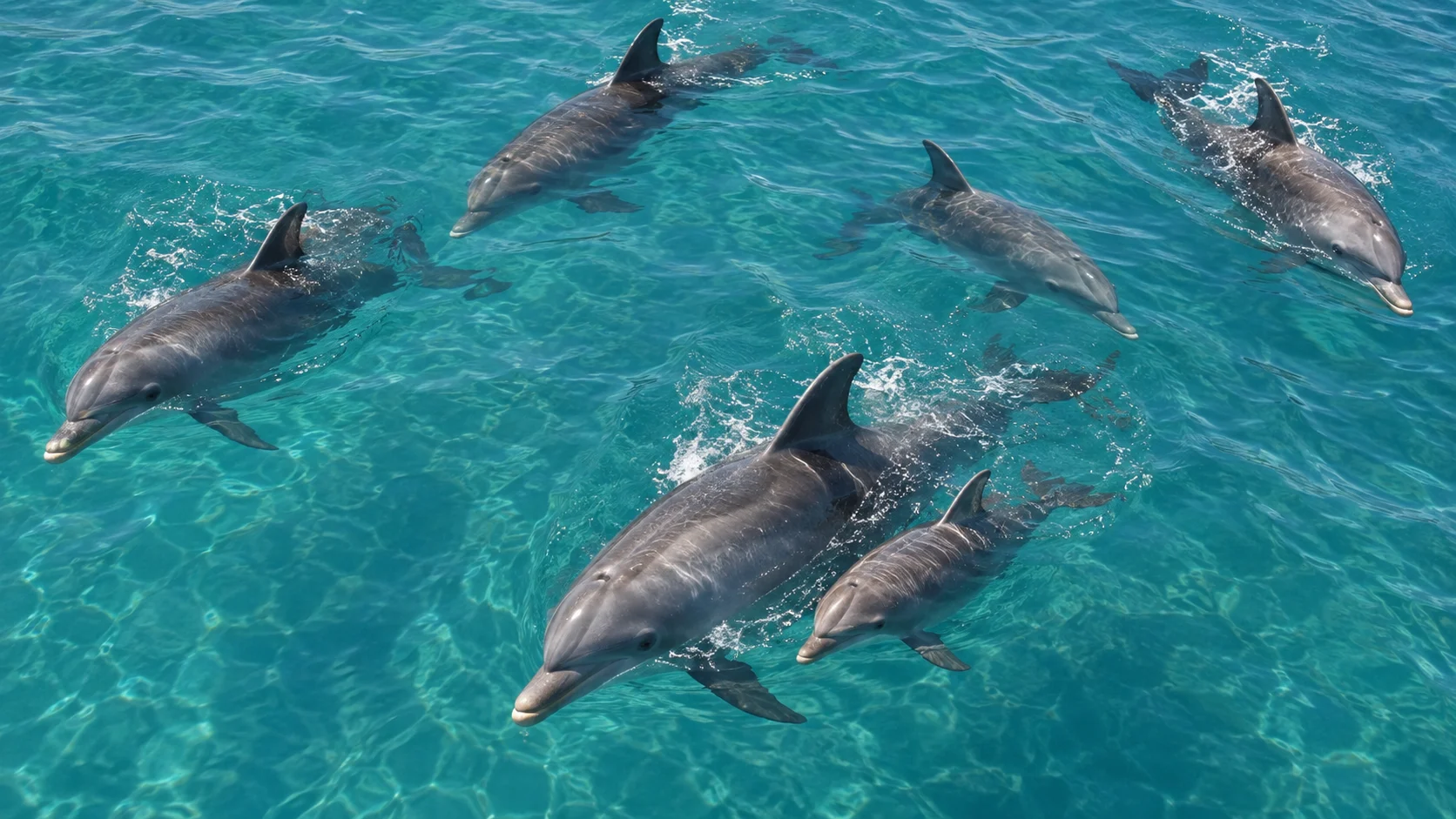 Bottlenose dolphin pod traveling with a calf in turquoise water