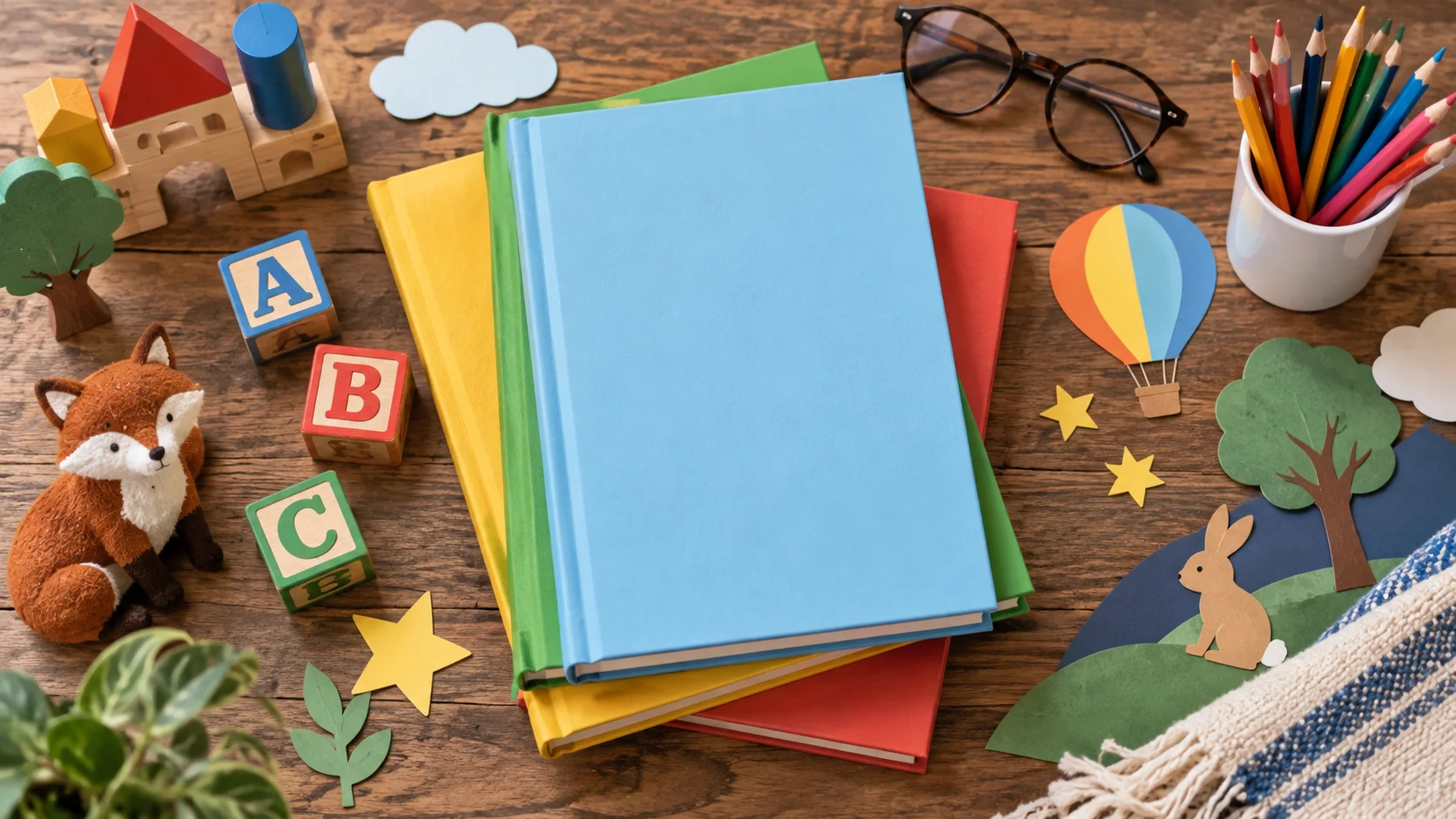 Blank-cover children's books alphabet blocks pencils and glasses