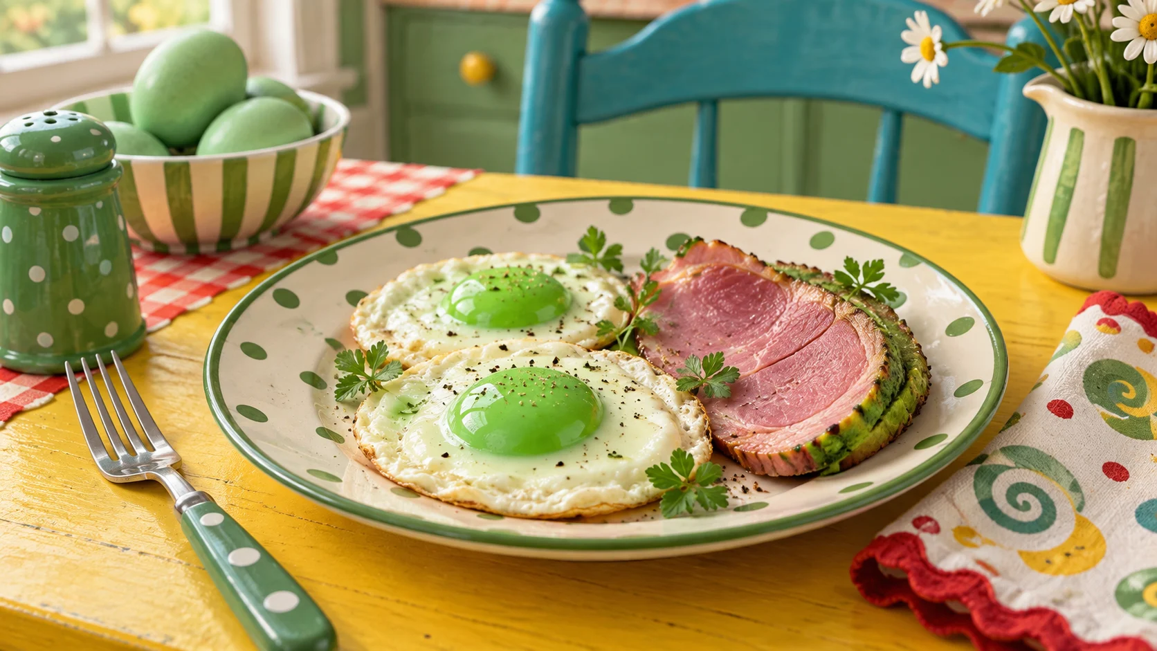 Playful plate of green eggs and ham on a colorful table