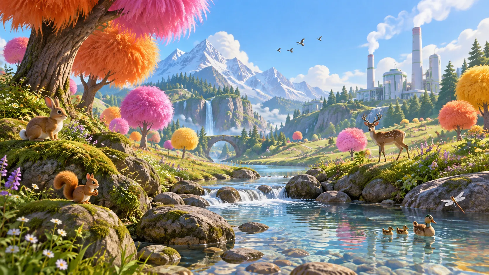 Colorful tufted fantasy trees growing beside a clear stream