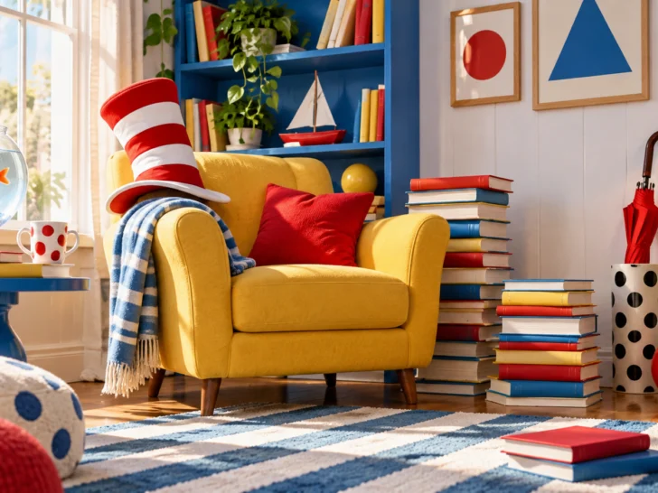Colorful children's reading nook with striped hat fishbowl and books