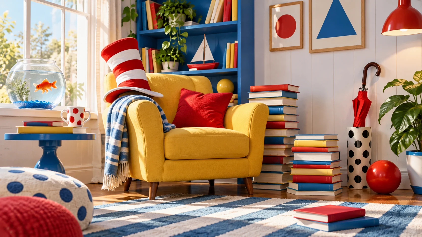 Colorful children's reading nook with striped hat fishbowl and books