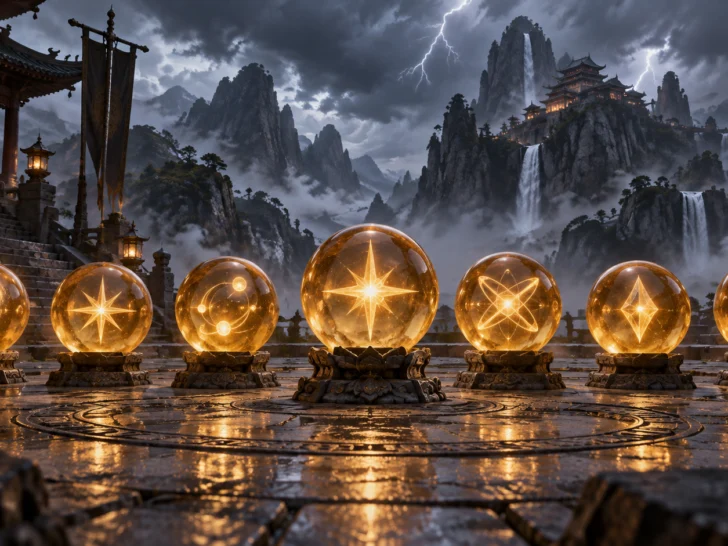 Seven glowing amber crystal orbs across a mountain temple courtyard