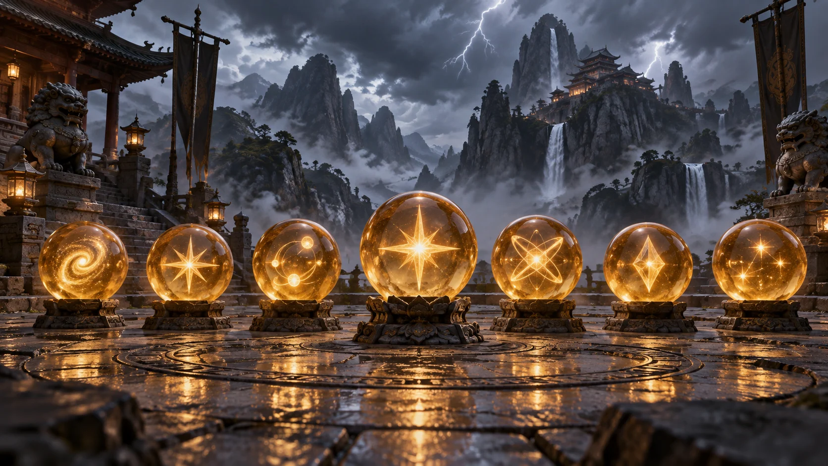 Seven glowing amber crystal orbs across a mountain temple courtyard