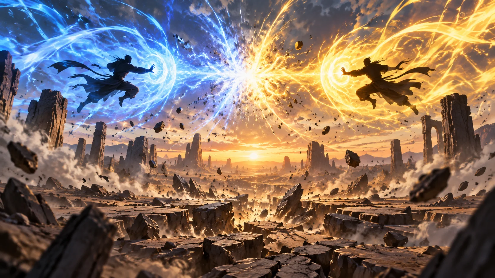 Two anonymous martial artist silhouettes colliding blue and golden energy
