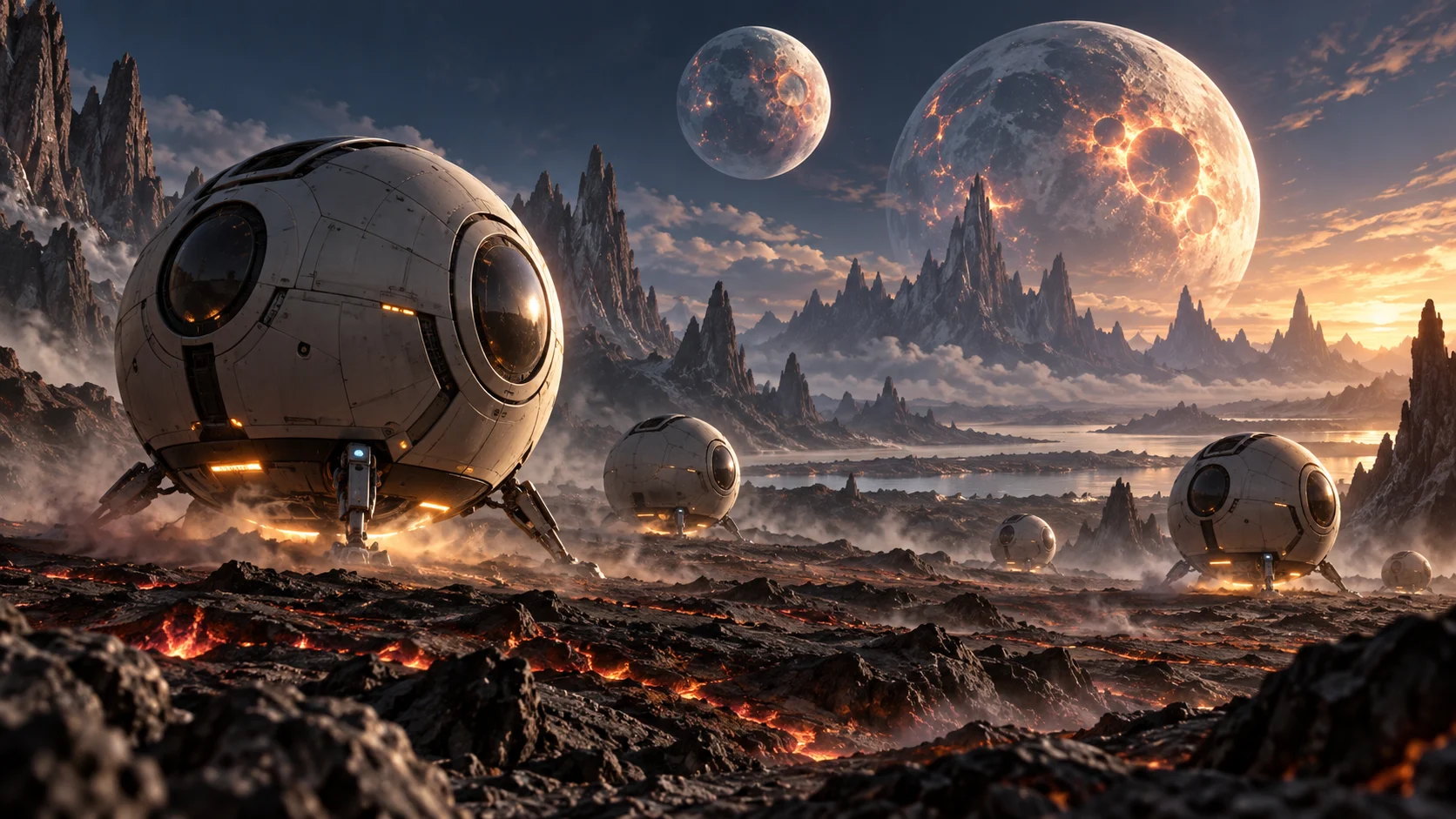 Spherical spacecraft pods landing on a rocky planet beneath twin moons