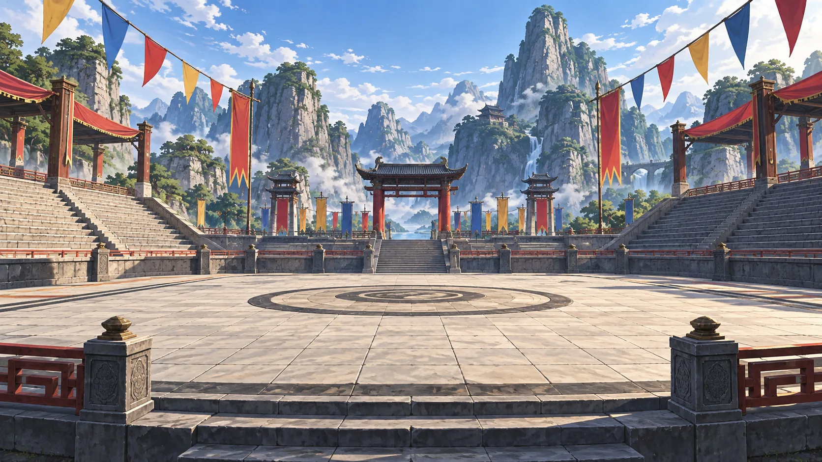 Open-air martial arts arena with tiled ring and mountain backdrop
